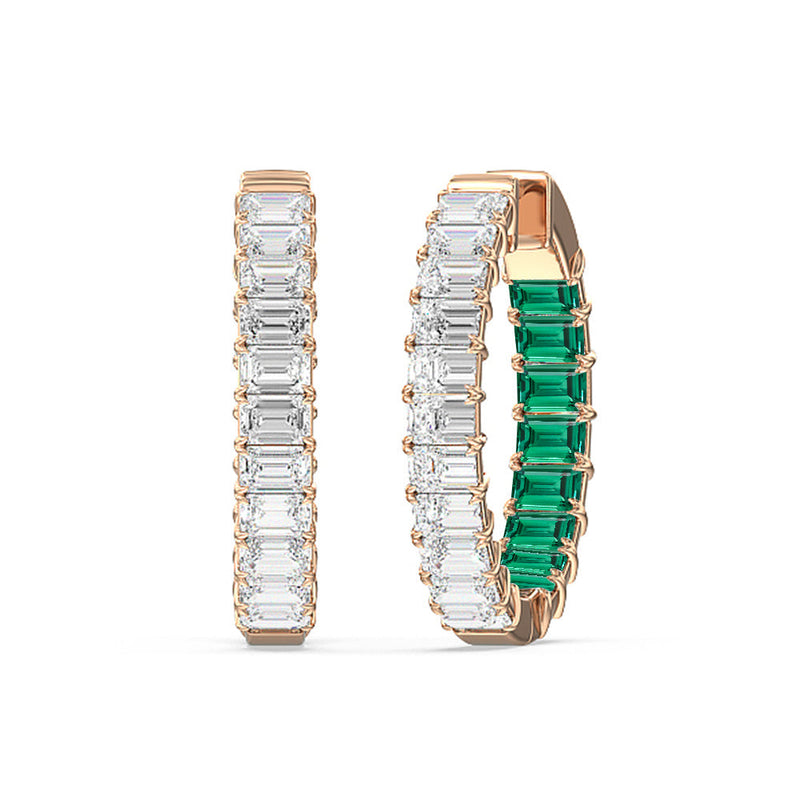 Inside-Out Emerald Shape Diamond and Created Emerald Hoop Earring