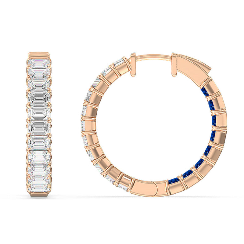 Inside-Out Emerald Shape Diamond and Created Sapphire Hoop Earring