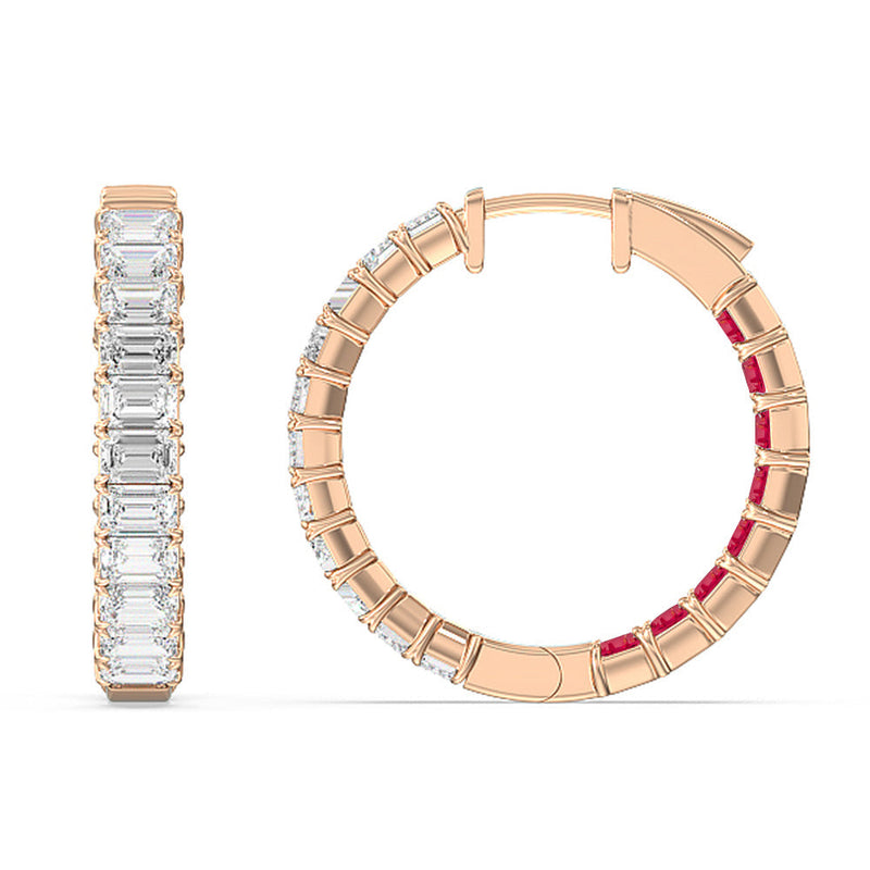 Inside-Out Emerald Shape Diamond and Created Ruby Hoop Earring