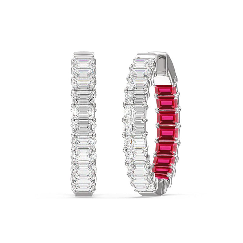 Inside-Out Emerald Shape Diamond and Created Ruby Hoop Earring