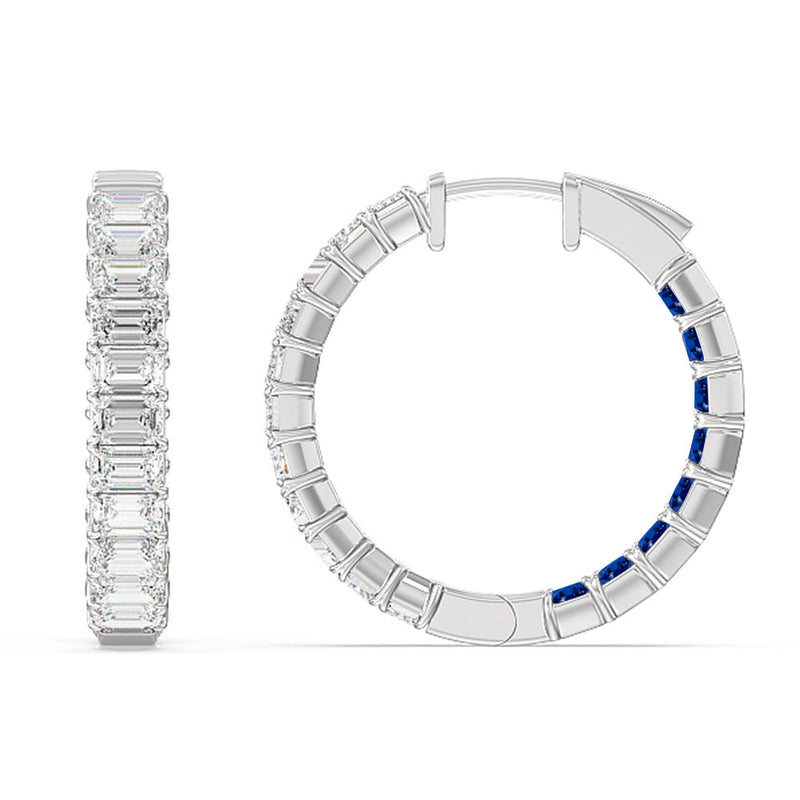 Inside-Out Emerald Shape Diamond and Created Sapphire Hoop Earring