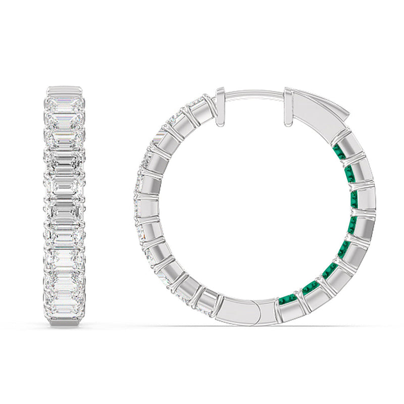 Inside-Out Emerald Shape Diamond and Created Emerald Hoop Earring