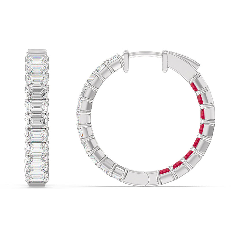 Inside-Out Emerald Shape Diamond and Created Ruby Hoop Earring
