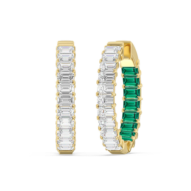 Inside-Out Emerald Shape Diamond and Created Emerald Hoop Earring