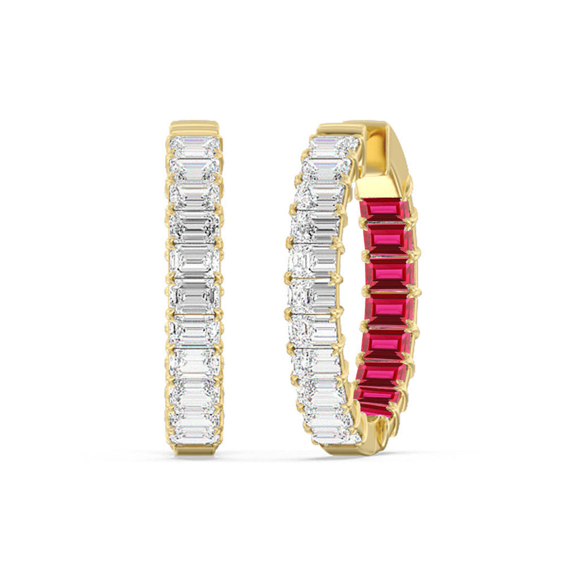 Inside-Out Emerald Shape Diamond and Created Ruby Hoop Earring