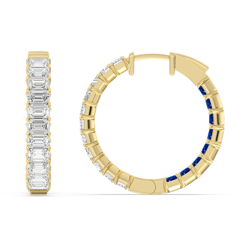 Inside-Out Emerald Shape Diamond and Created Sapphire Hoop Earring