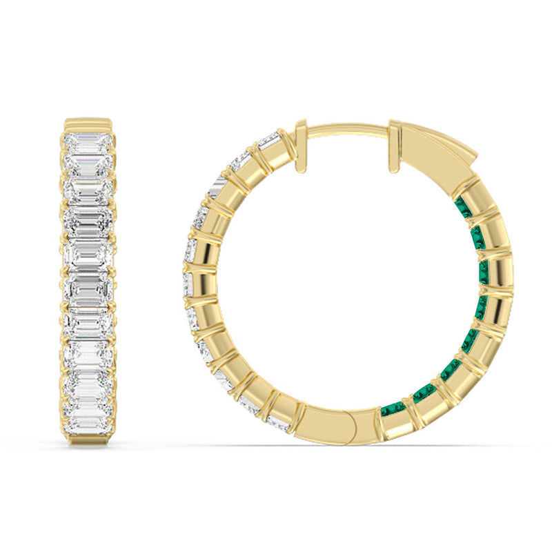 Inside-Out Emerald Shape Diamond and Created Emerald Hoop Earring