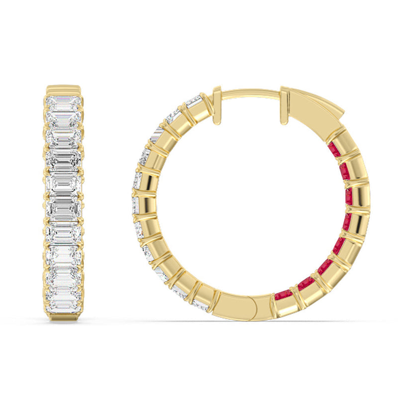 Inside-Out Emerald Shape Diamond and Created Ruby Hoop Earring
