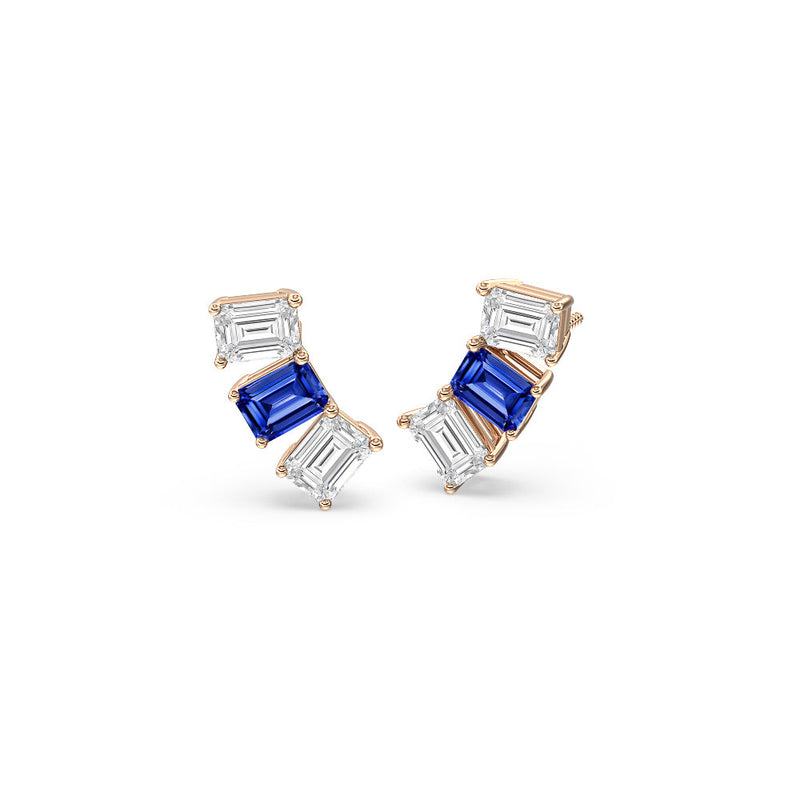 Trilogy Emerald Cut Diamond and Created Sapphire Climber Earrings
