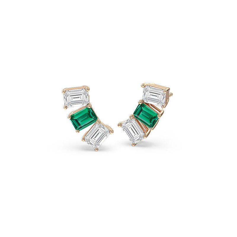 Trilogy Emerald Cut Diamond and Created Emerald Climber Earrings