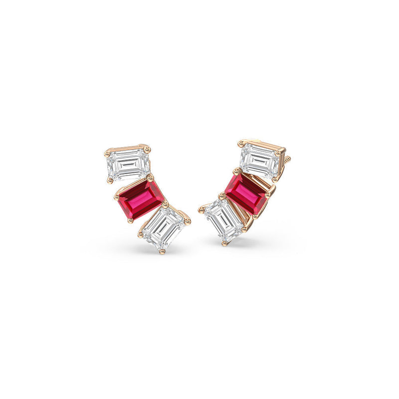 Trilogy Emerald Cut Diamond and Created Ruby Climber Earrings