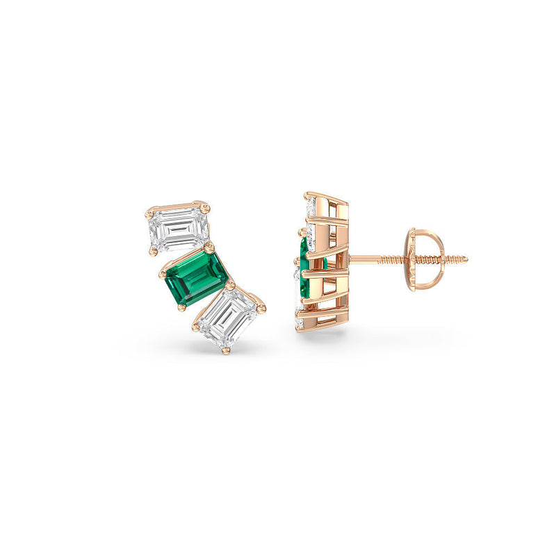 Trilogy Emerald Cut Diamond and Created Emerald Climber Earrings