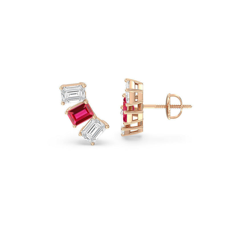 Trilogy Emerald Cut Diamond and Created Ruby Climber Earrings