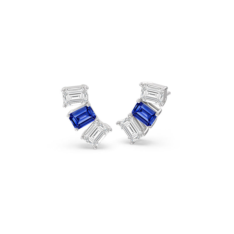 Trilogy Emerald Cut Diamond and Created Sapphire Climber Earrings
