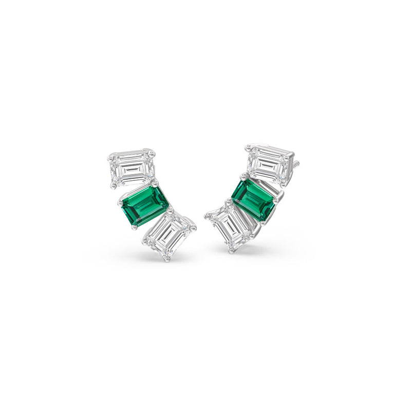Trilogy Emerald Cut Diamond and Created Emerald Climber Earrings