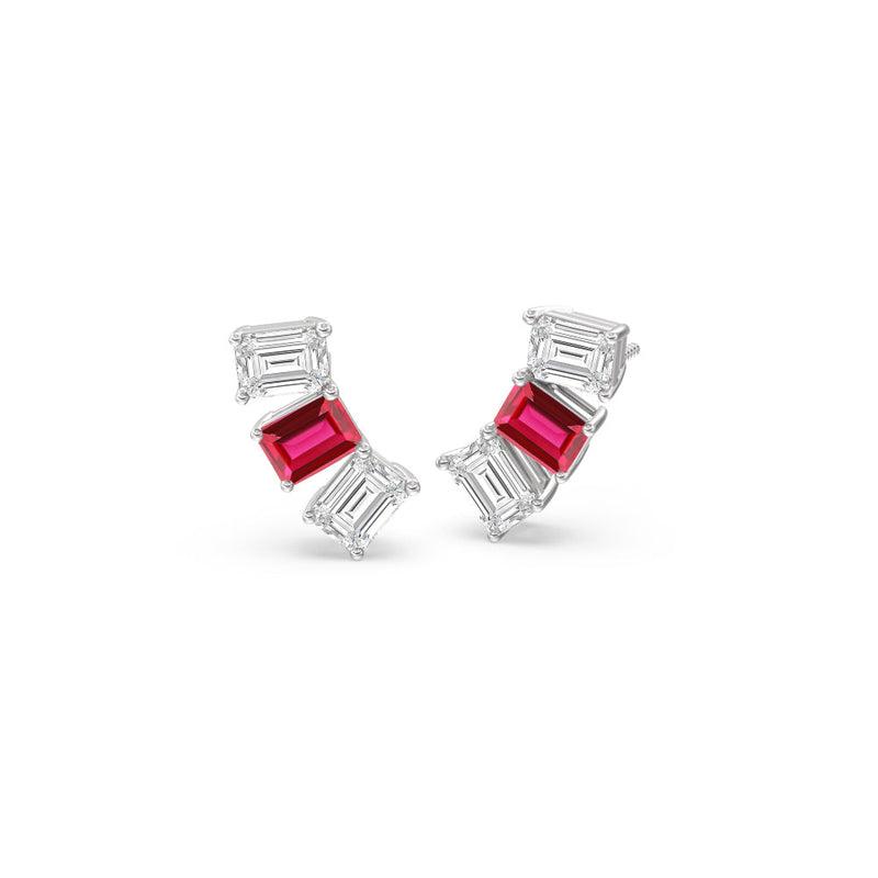 Trilogy Emerald Cut Diamond and Created Ruby Climber Earrings