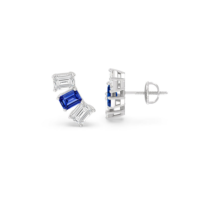 Trilogy Emerald Cut Diamond and Created Sapphire Climber Earrings