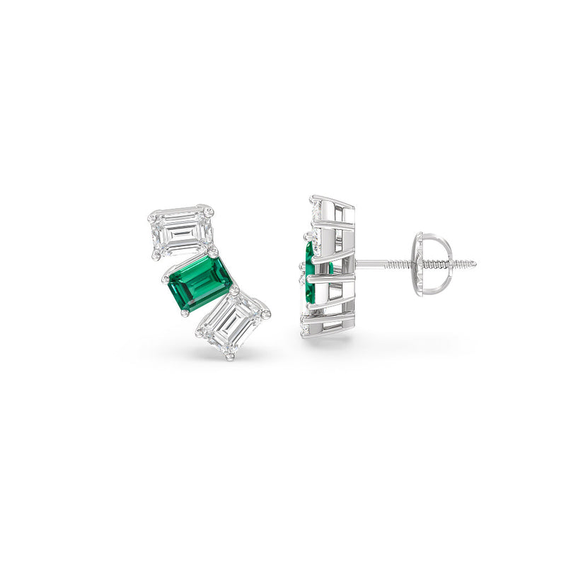 Trilogy Emerald Cut Diamond and Created Emerald Climber Earrings