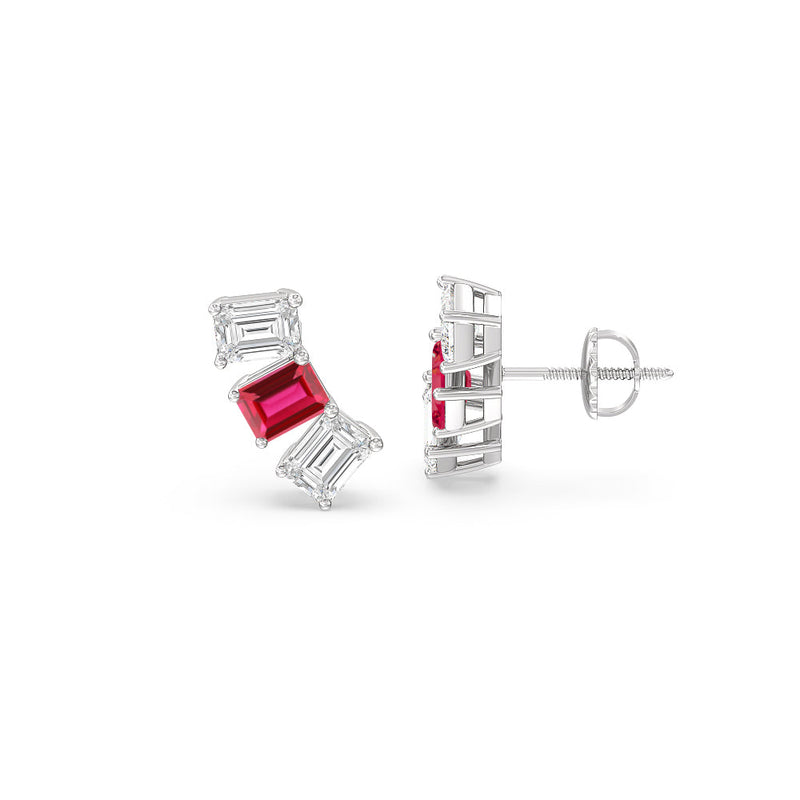 Trilogy Emerald Cut Diamond and Created Ruby Climber Earrings