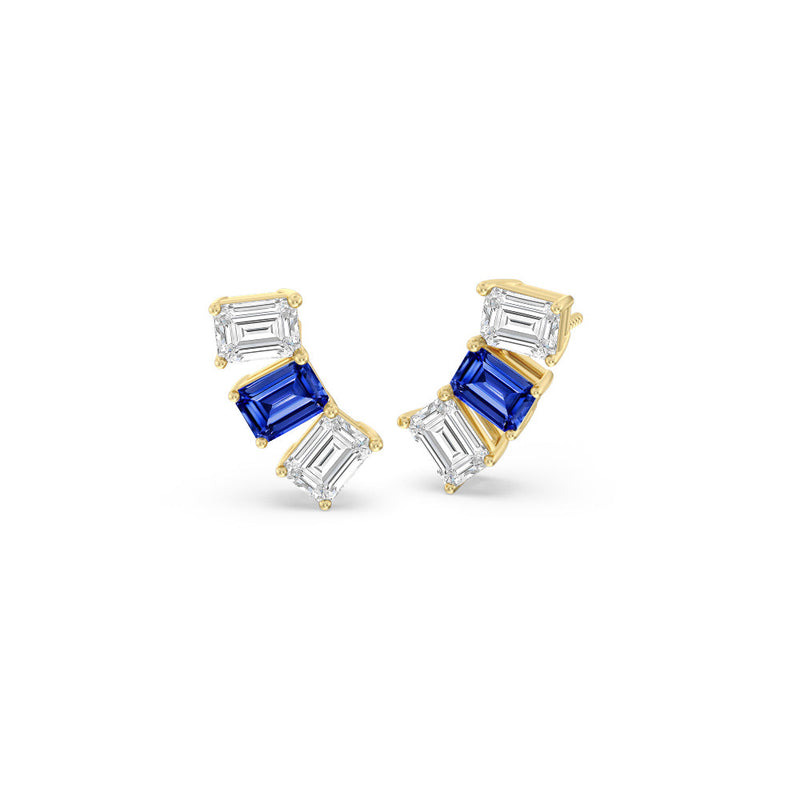Trilogy Emerald Cut Diamond and Created Sapphire Climber Earrings