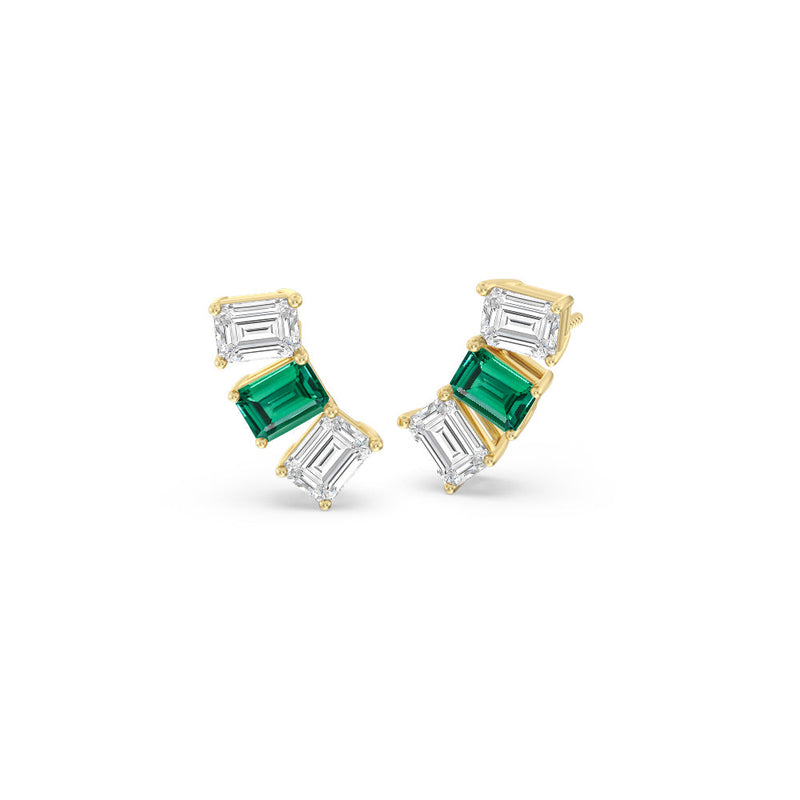 Trilogy Emerald Cut Diamond and Created Emerald Climber Earrings