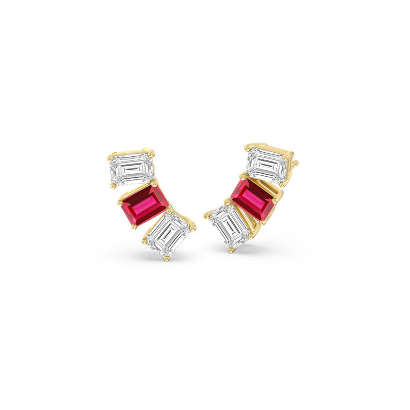 Trilogy Emerald Cut Diamond and Created Ruby Climber Earrings