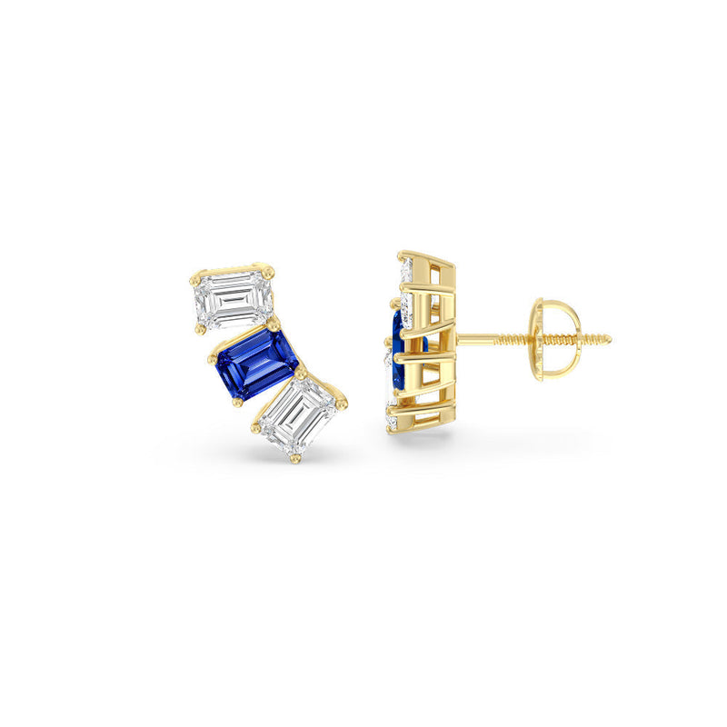 Trilogy Emerald Cut Diamond and Created Sapphire Climber Earrings