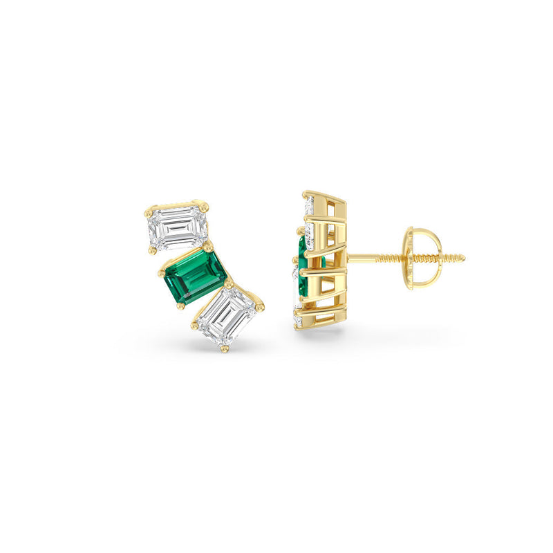 Trilogy Emerald Cut Diamond and Created Emerald Climber Earrings