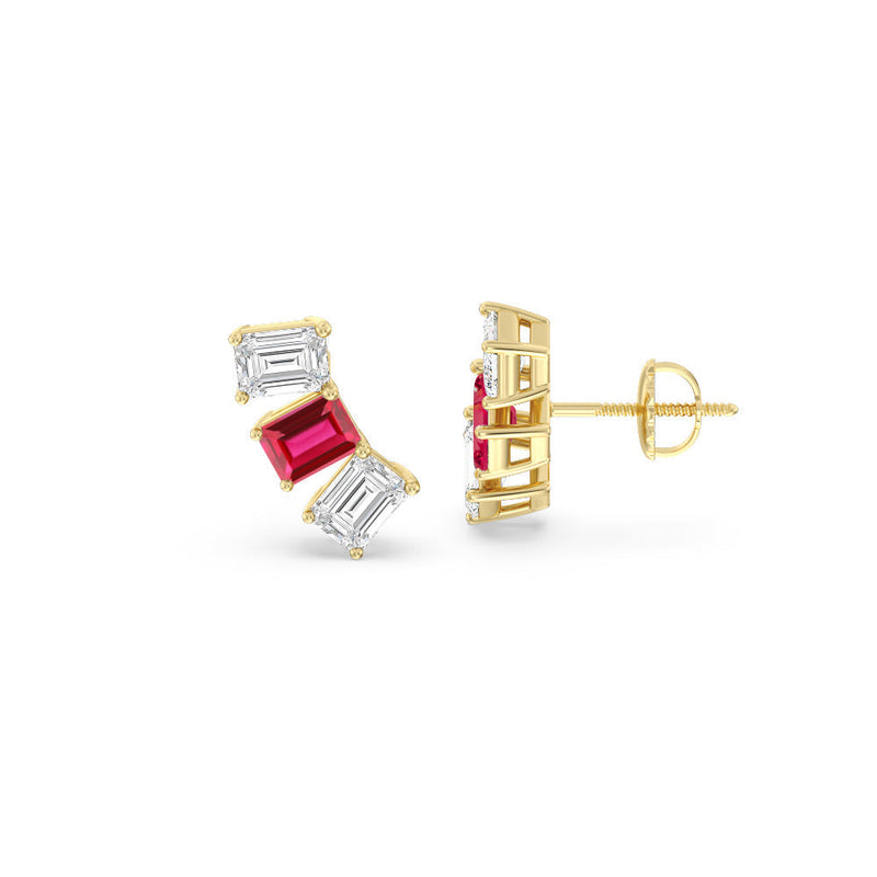 Trilogy Emerald Cut Diamond and Created Ruby Climber Earrings