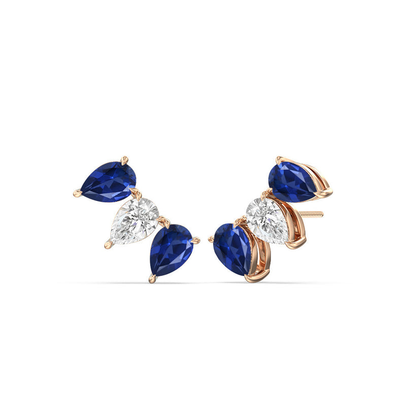 Trilogy Pear Cut Diamond and Created Sapphire Climber Earrings