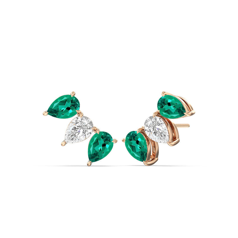 Trilogy Pear Cut Diamond and Created Emerald Climber Earrings