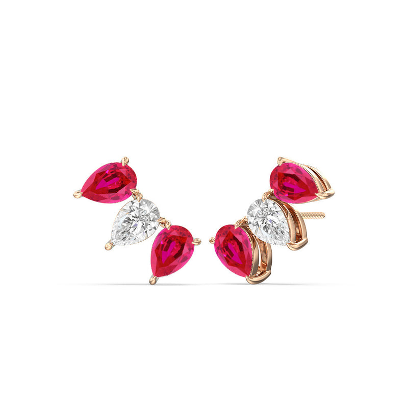 Trilogy Pear Cut Diamond and Created Ruby Climber Earrings