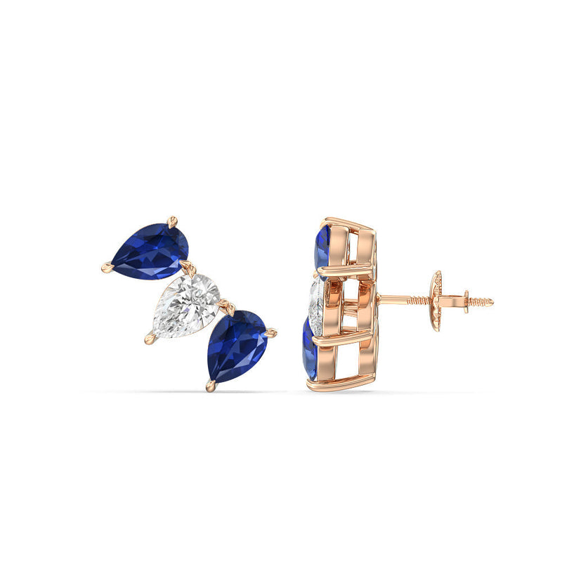 Trilogy Pear Cut Diamond and Created Sapphire Climber Earrings