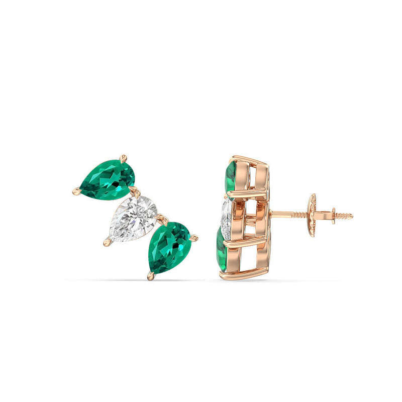 Trilogy Pear Cut Diamond and Created Emerald Climber Earrings