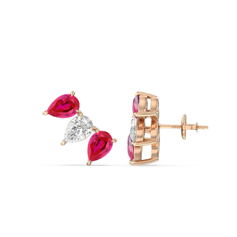 Trilogy Pear Cut Diamond and Created Ruby Climber Earrings