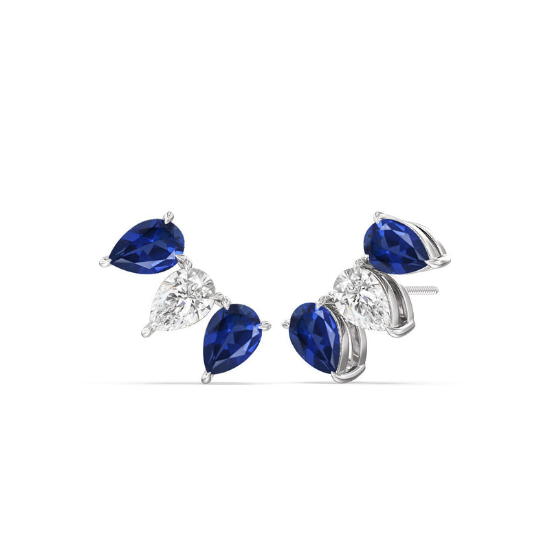 Trilogy Pear Cut Diamond and Created Sapphire Climber Earrings
