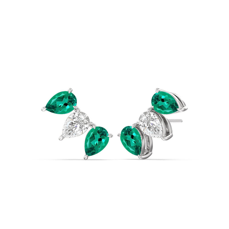 Trilogy Pear Cut Diamond and Created Emerald Climber Earrings