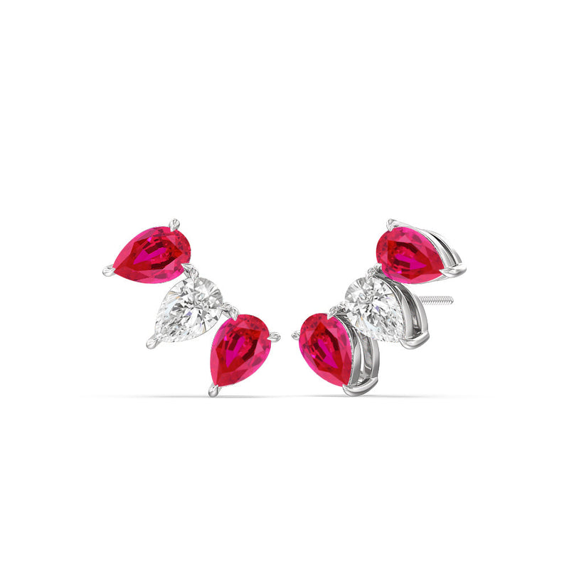 Trilogy Pear Cut Diamond and Created Ruby Climber Earrings