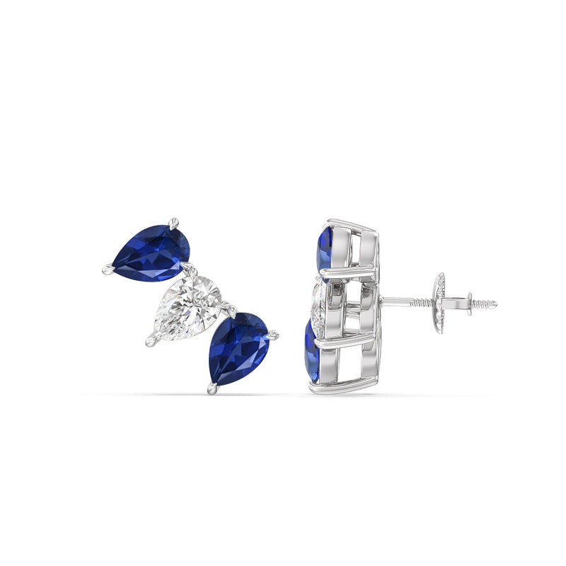 Trilogy Pear Cut Diamond and Created Sapphire Climber Earrings