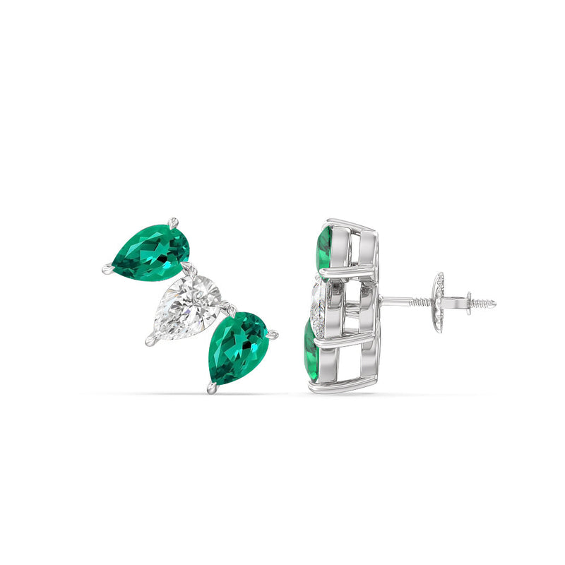 Trilogy Pear Cut Diamond and Created Emerald Climber Earrings