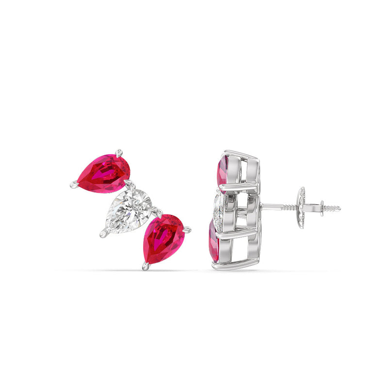 Trilogy Pear Cut Diamond and Created Ruby Climber Earrings