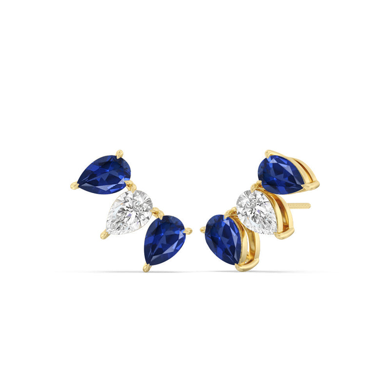 Trilogy Pear Cut Diamond and Created Sapphire Climber Earrings