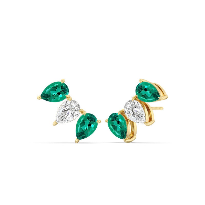 Trilogy Pear Cut Diamond and Created Emerald Climber Earrings