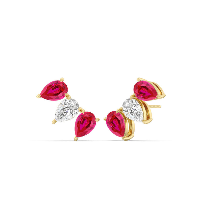 Trilogy Pear Cut Diamond and Created Ruby Climber Earrings