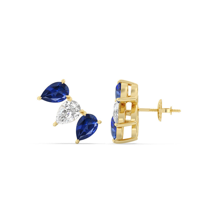 Trilogy Pear Cut Diamond and Created Sapphire Climber Earrings
