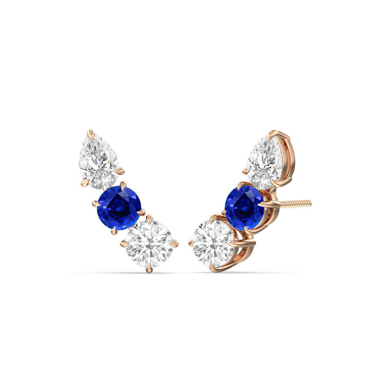 Trilogy Round and Pear Diamond and Created Sapphire Climber Earrings