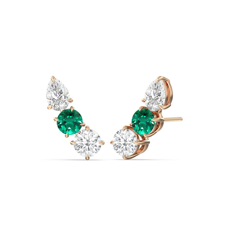 Trilogy Round and Pear Diamond and Created Emerald Climber Earrings
