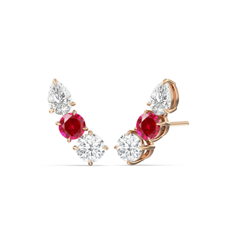 Trilogy Round and Pear Diamond and Created Ruby Climber Earrings