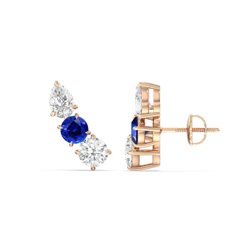 Trilogy Round and Pear Diamond and Created Sapphire Climber Earrings