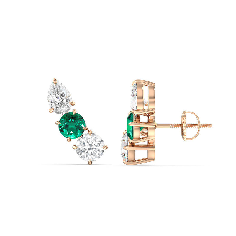 Trilogy Round and Pear Diamond and Created Emerald Climber Earrings